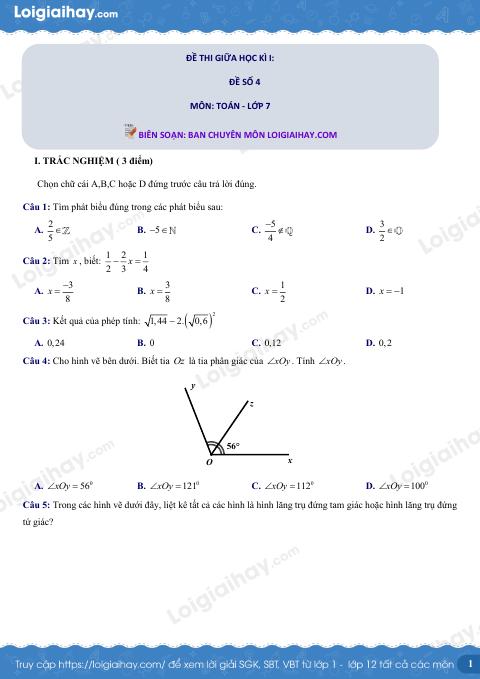 Đề thi giữa kì 1 Toán 7 - Đề số 4